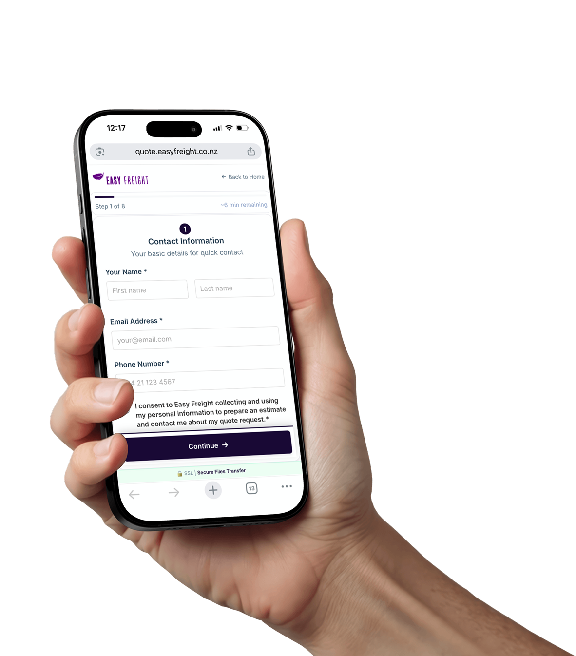 Easy Freight app interface showing instant freight forwarding quote